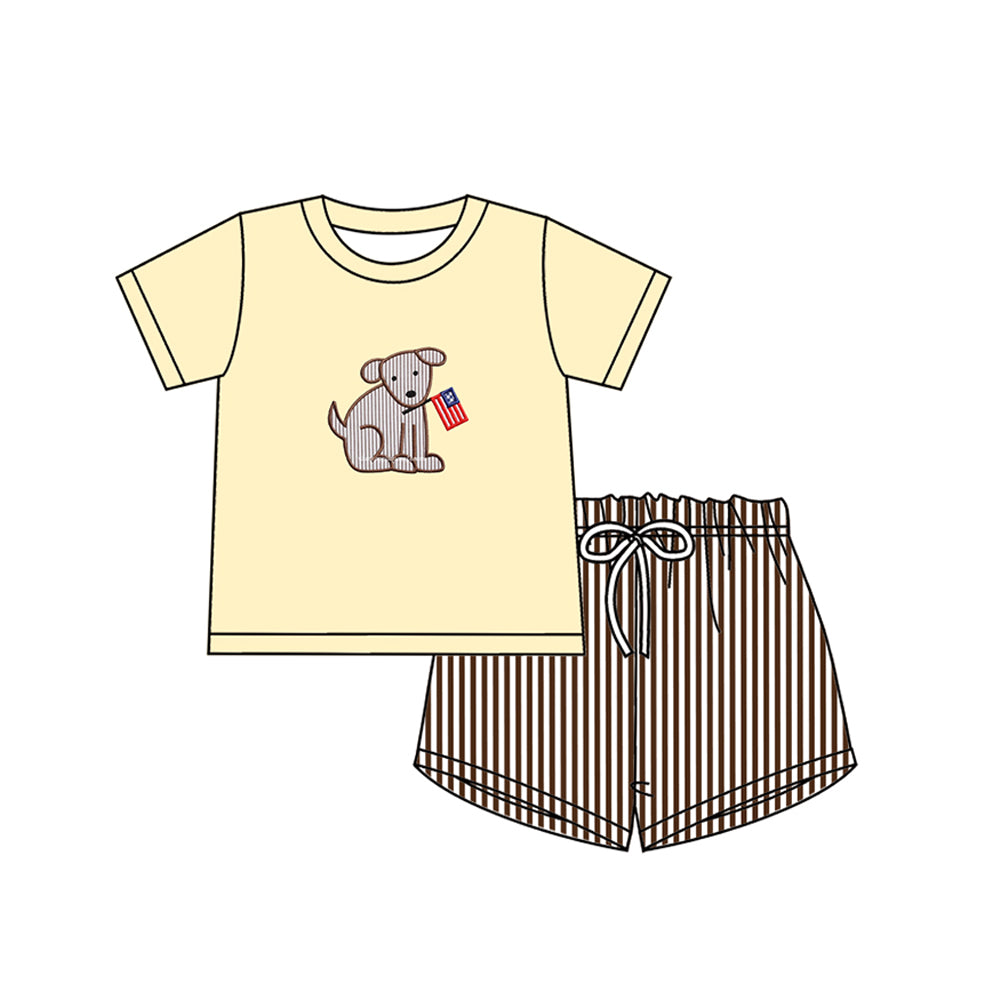 Preorder BSSO0604 July 4th dog flag yellow short sleeve brown striped shorts boys set