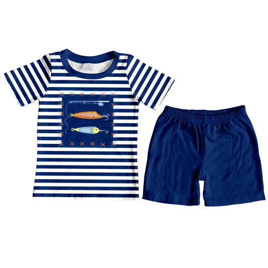 preorder BSSO0606 Fishing navy striped short sleeve shorts boys set