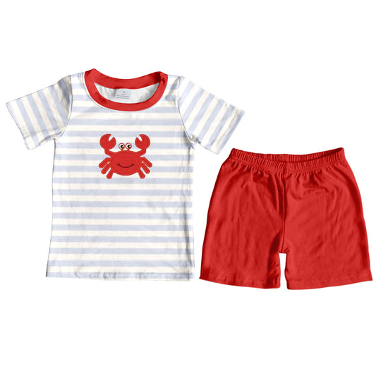 preorder BSSO0607 Crab striped short sleeve red shorts boys set