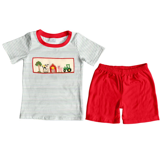 preorder BSSO0611 Farm house pig tractor striped short sleeve red shorts boys set