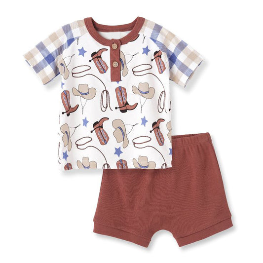 preorder BSSO0612 Western boot hat short sleeve maroon shorts boys set