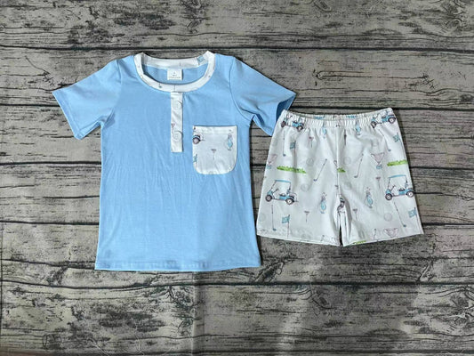 Preorder BSSO0615 Golf car blue pocket short sleeve shorts boys set