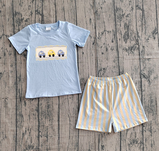 preorder Samples BSSO0617 Little car blue short sleeve yellow striped shorts boys set