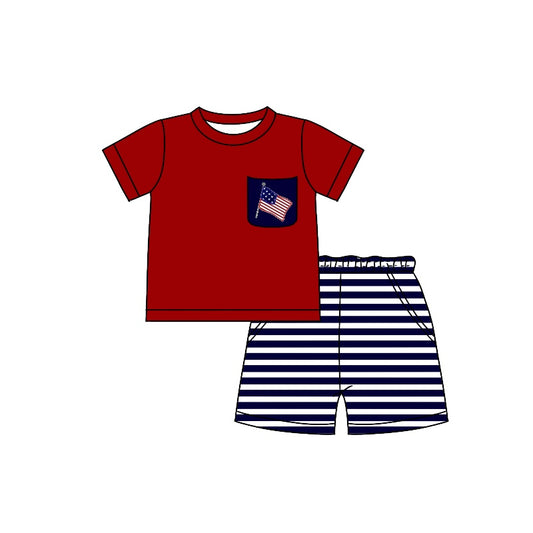 preorder BSSO0620 July 4th flag pocket red short sleeve black striped shorts boys set