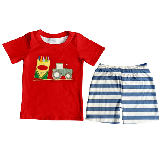 preorder BSSO0621 Farm tractor red short sleeve blue striped shorts boys set