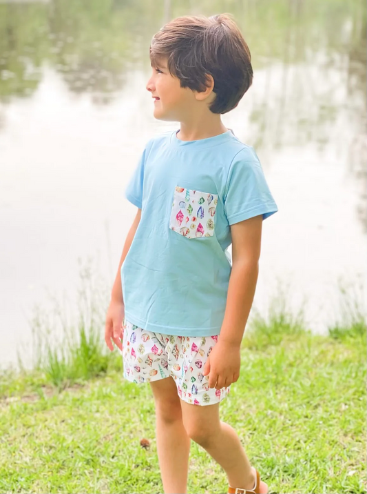 preorder BSSO0623 Colorful shell pocket blue short sleeve shorts boys set