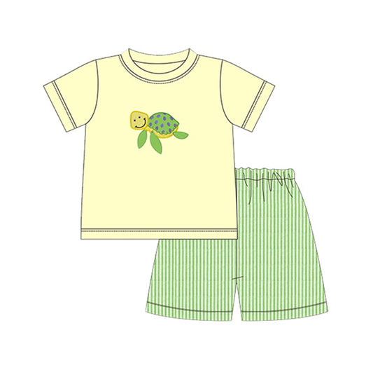 preorder BSSO0625 Sea turtle yellow short sleeve green striped shorts boys set