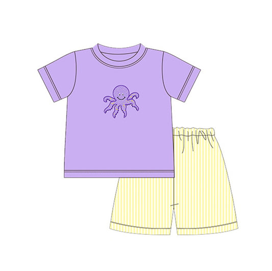 preorder BSSO0627 Octopus purple short sleeve yellow striped shorts boys set