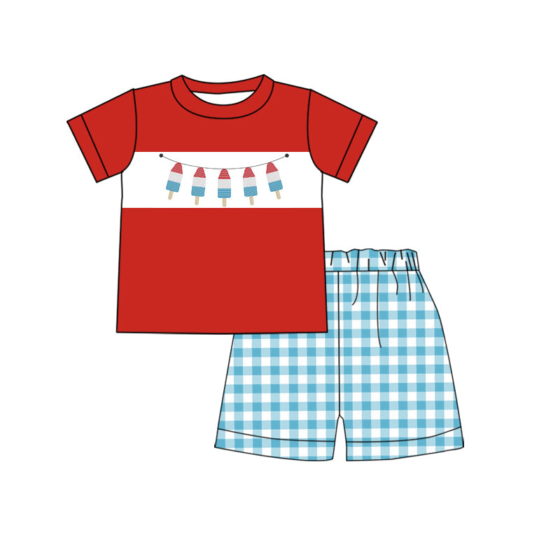 preorder BSSO0634 July 4th ice red short sleeve blue checkered shorts boys set