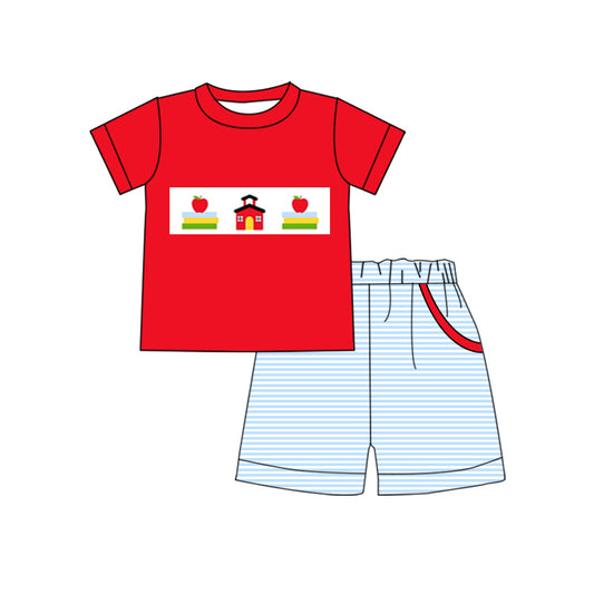 preorder BSSO0635 Back to school book apple red short sleeve blue striped shorts boys set