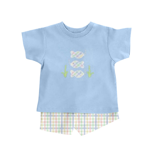 preorder BSSO0639 Fishing blue short sleeve colorful checkered shorts boys set