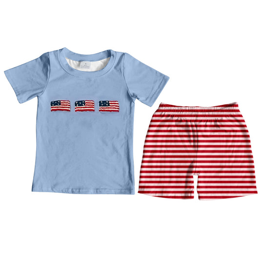 preorder BSSO0641 July 4th flag blue short sleeve red striped shorts boys set