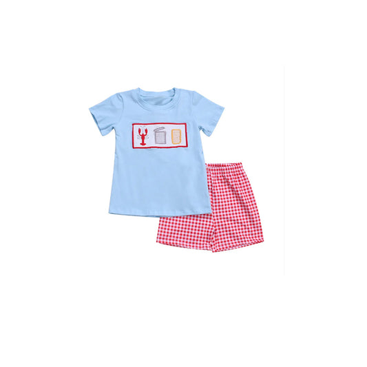 preorder BSSO0647 Crayfish blue short sleeve red checkered shorts boys set