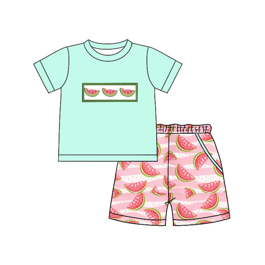 preorder BSSO0656 Watermelon cyan short sleeve pink pockets shorts boys set