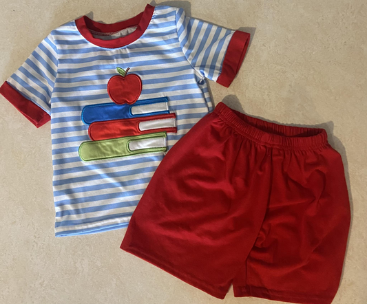 preorder BSSO0658 Back to school apple book blue striped short sleeve red shorts boys set