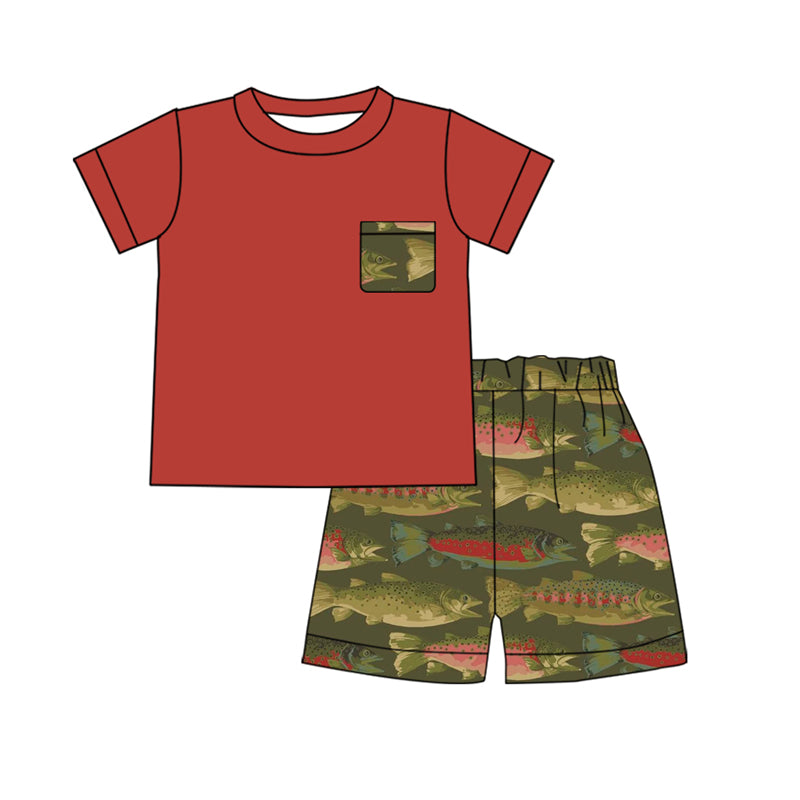 preorder BSSO0661 Fish red pocket short sleeve green shorts boys set