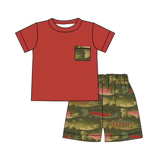 preorder BSSO0661 Fish red pocket short sleeve green shorts boys set