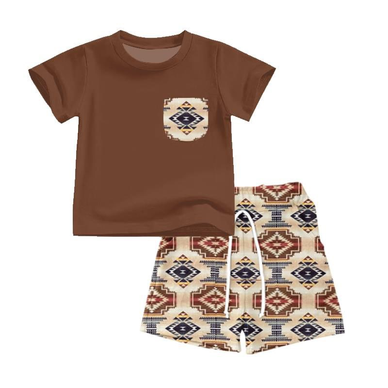 preorder BSSO0676 Western Aztec brown pocket short sleeve shorts boys set