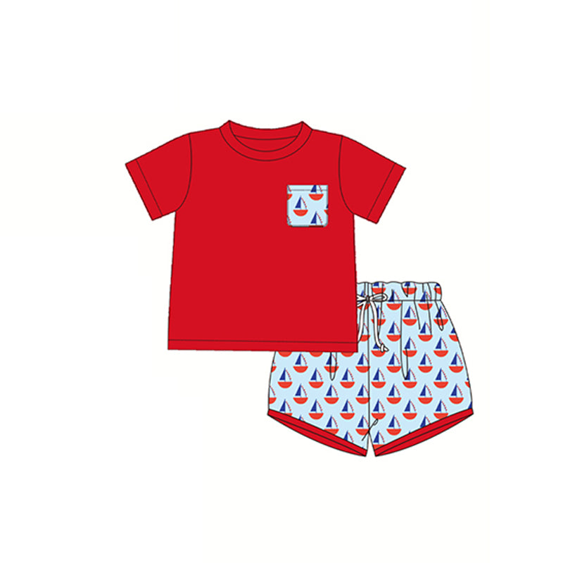 preorder BSSO0681 Red sailboat pocket short sleeve sailboat shorts boys set