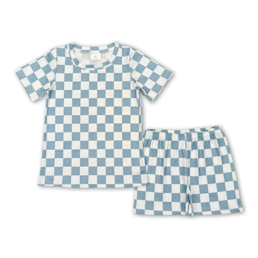preorder BSSO0688 Blue checkered short sleeve shorts boys pajamas