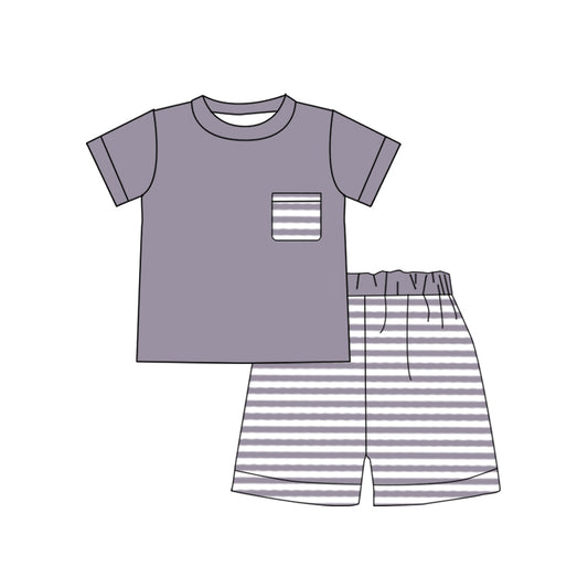 preorder BSSO0699 Grey pocket short sleeve grey striped shorts boys set