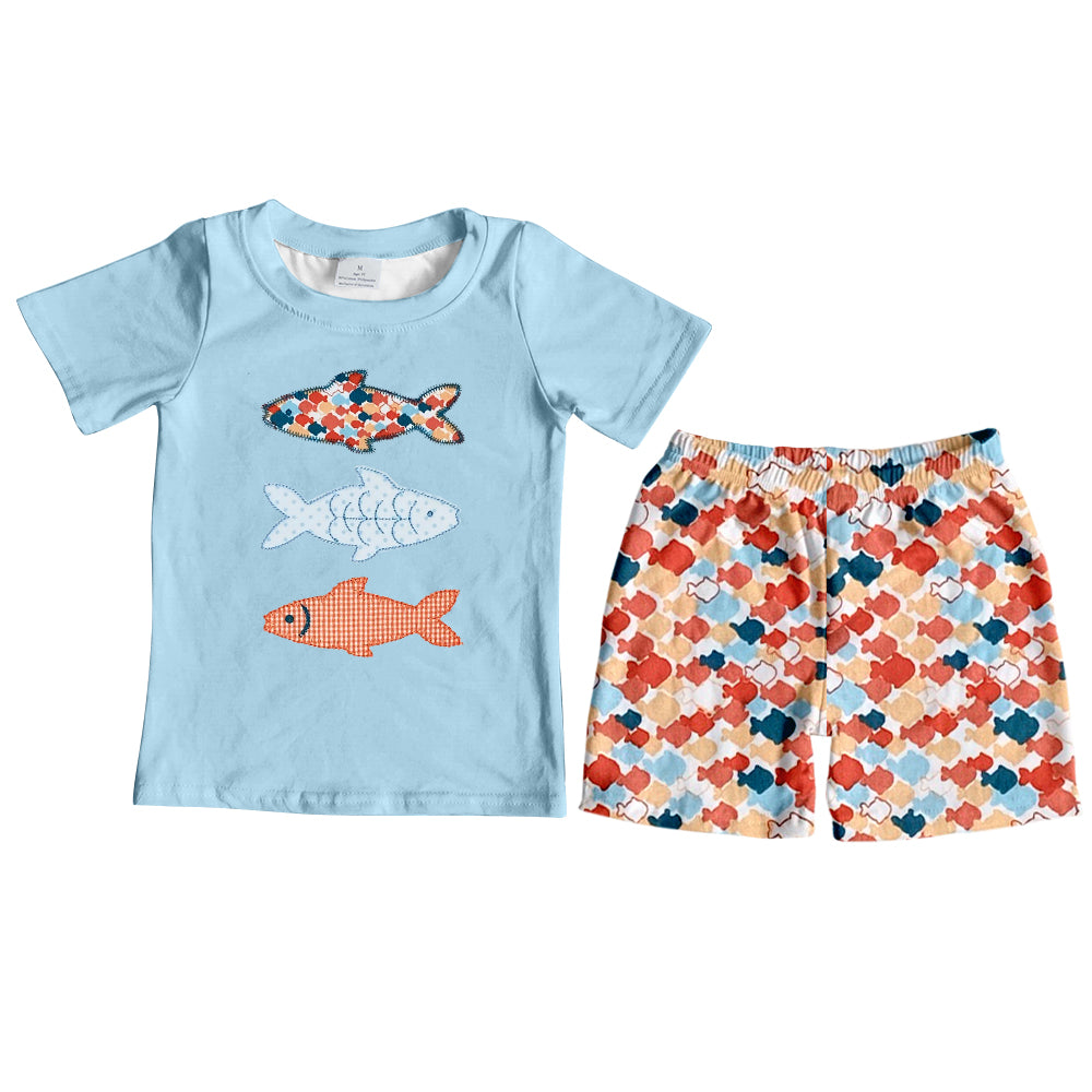 preorder BSSO0709 Fish blue short sleeve colorful fish shorts boys set