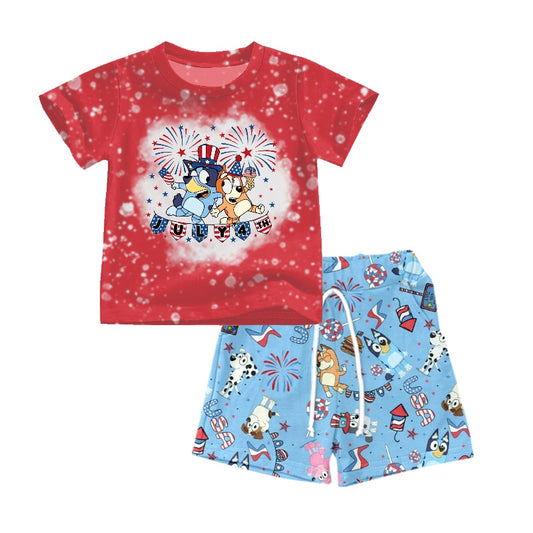 preorder BSSO0712 July 4th cartoon blue dog red short sleeve blue shorts boys set