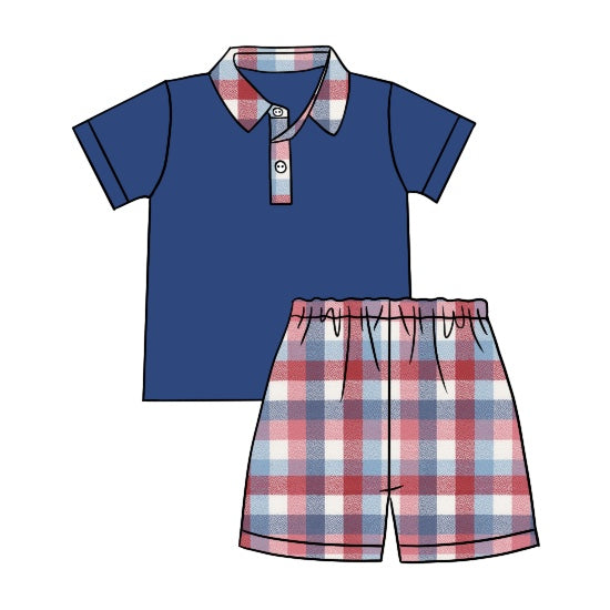 preorder BSSO0714 Navy blue short sleeve red blue striped shorts boys set