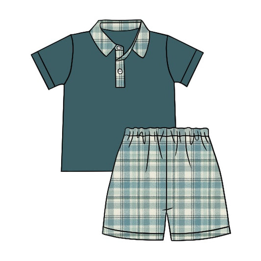 preorder BSSO0716 Forest green short sleeve green striped shorts boys set