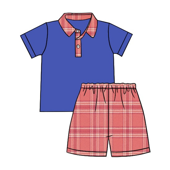 preorder BSSO0717 blue short sleeve red striped shorts boys set