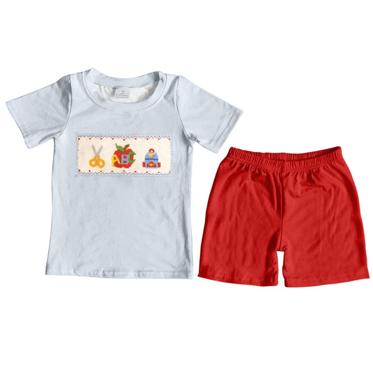 preorder BSSO0721 back to school ABC blue short sleeve red shorts boys set