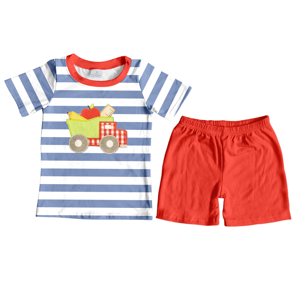 preorder BSSO0722 back to school truck apple blue short sleeve red shorts boys set