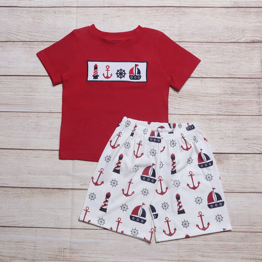 preorder BSSO0725 sailboat anchor red short sleeve shorts boys set