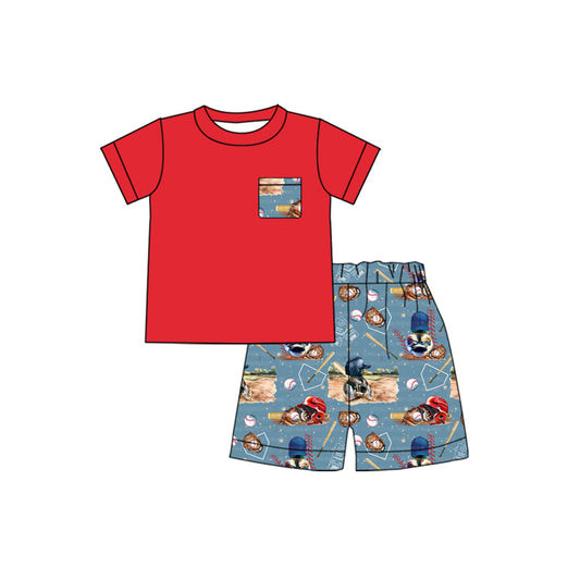 preorder BSSO0729 baseball pocket red short sleeve blue shorts boys set