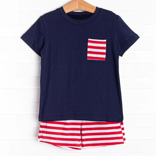 preorder BSSO0730 July 4th navy blue pocket short sleeve red striped shorts boys set