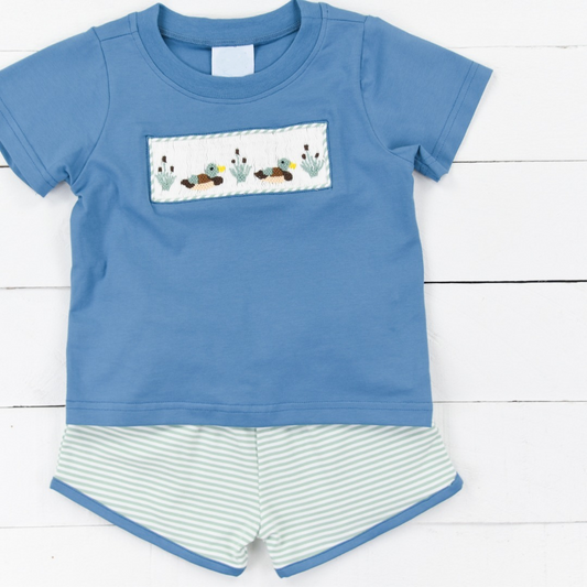 preorder BSSO0739 mallard duck blue short sleeve blue striped shorts boys set
