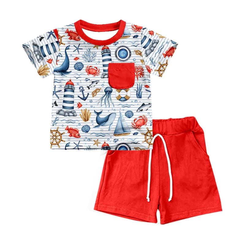 preorder BSSO0741 navigation sea whale crab short sleeve red shorts boys set
