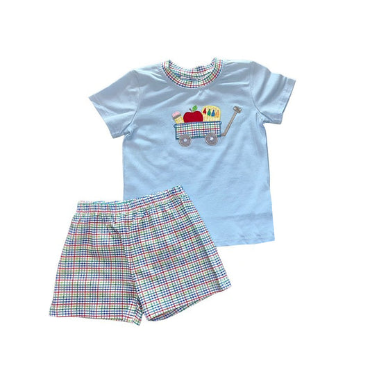 preorder BSSO0748 back to school apple pen blue short sleeve colorful striped shorts boys set