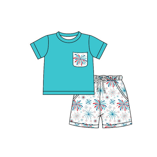 preorder BSSO0750 July 4th blue pocket short sleeve firework shorts boys set