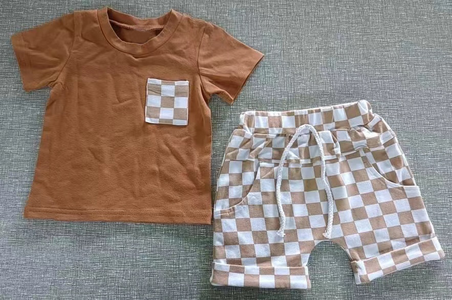 preorder BSSO0754 brown checkered pocket short sleeve shorts boys set