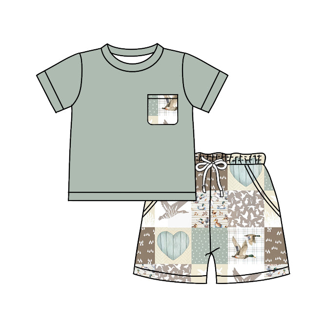 preorder BSSO0755 mallard duck pocket grey green short sleeve shorts boys set