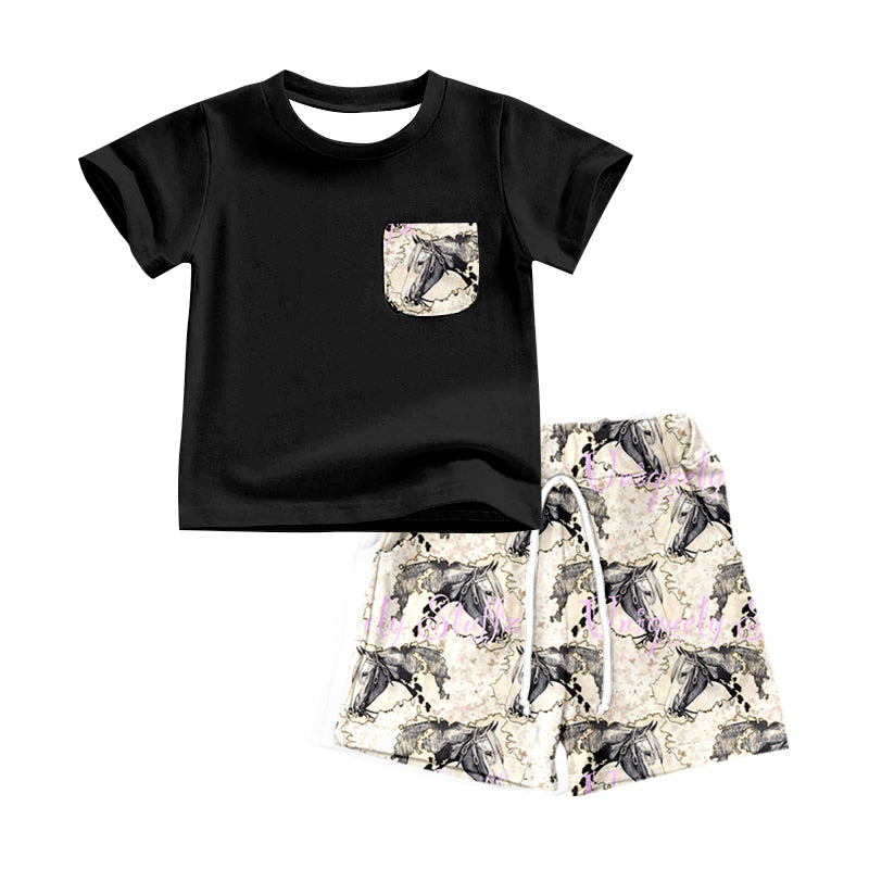 preorder BSSO0762 Western horse pocket black short sleeve shorts boys set