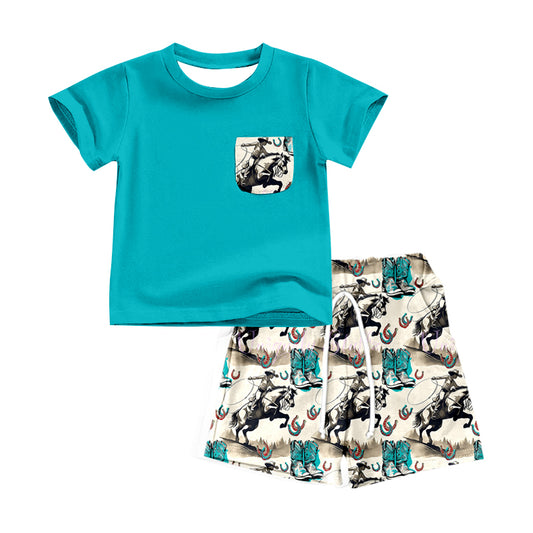 preorder BSSO0763 Western rodeo blue pocket short sleeve shorts boys set
