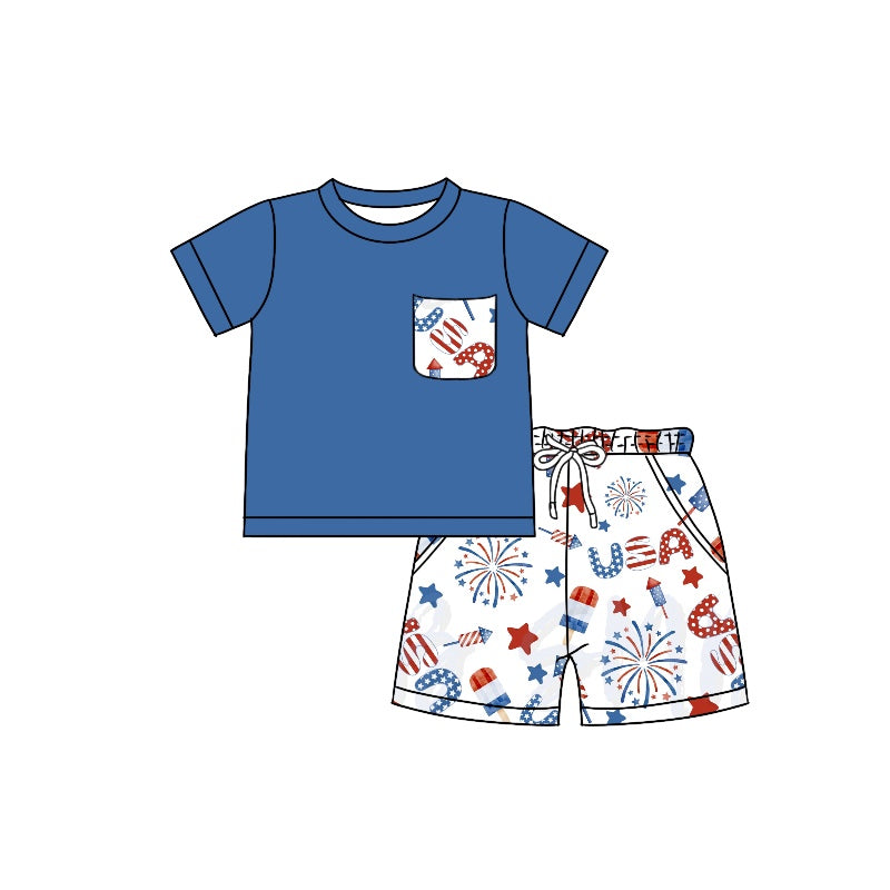 preorder BSSO0766 July 4th USA fireworks blue pocket short sleeve shorts boys set