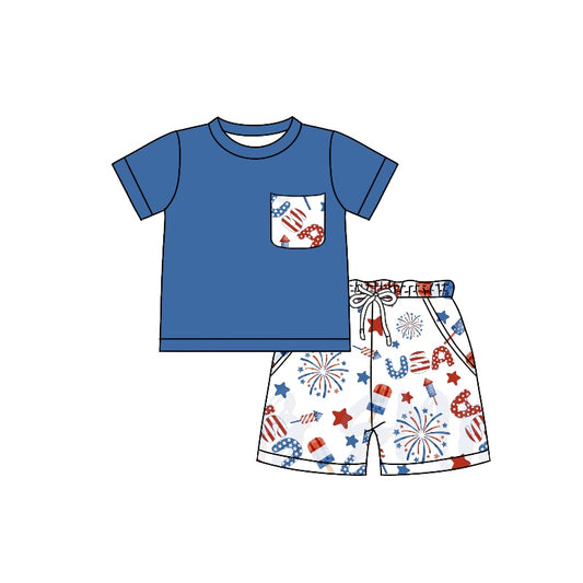 preorder BSSO0766 July 4th USA fireworks blue pocket short sleeve shorts boys set