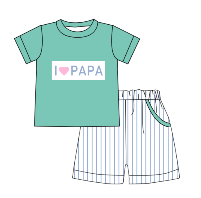 preorder BSSO0768 i love papa green short sleeve striped pockets shorts boys set