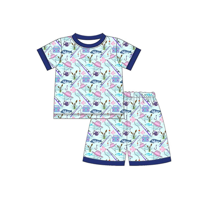 preorder BSSO0770 fishing blue short sleeve shorts boys pajamas