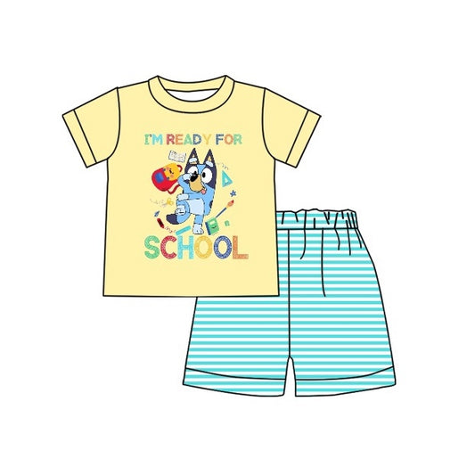 preorder BSSO0771 back to school cartoon blue dog yellow short sleeve blue striped shorts boys set