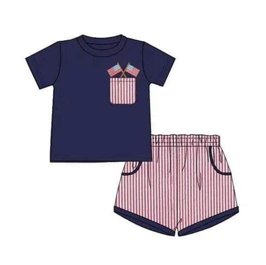 preorder BSSO0778 July 4th flag pocket navy short sleeve red striped shorts boys set