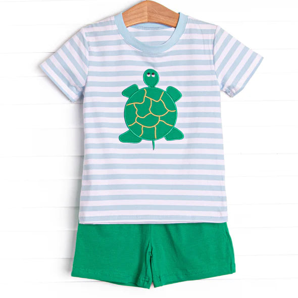 preorder BSSO0783 green tortoise blue striped short sleeve green shorts boys set